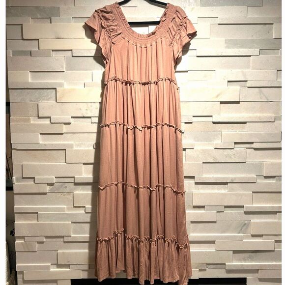 MABLE blush pink mauve tiered ruffle on/off shoulder maxi dress pockets sz L - Picture 1 of 4
